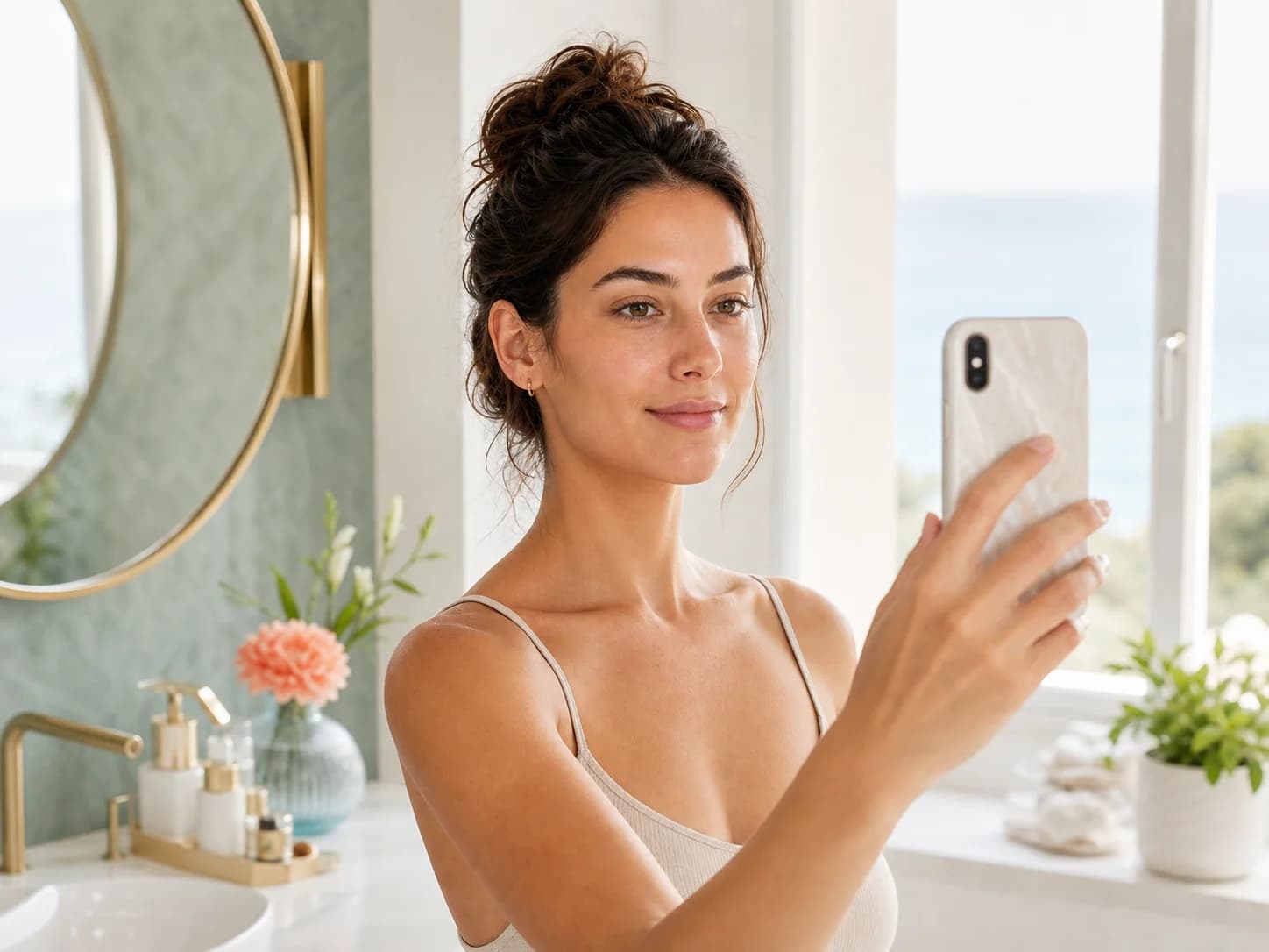 Femme réalisant un portrait guidé au smartphone dans une salle de bain lumineuse