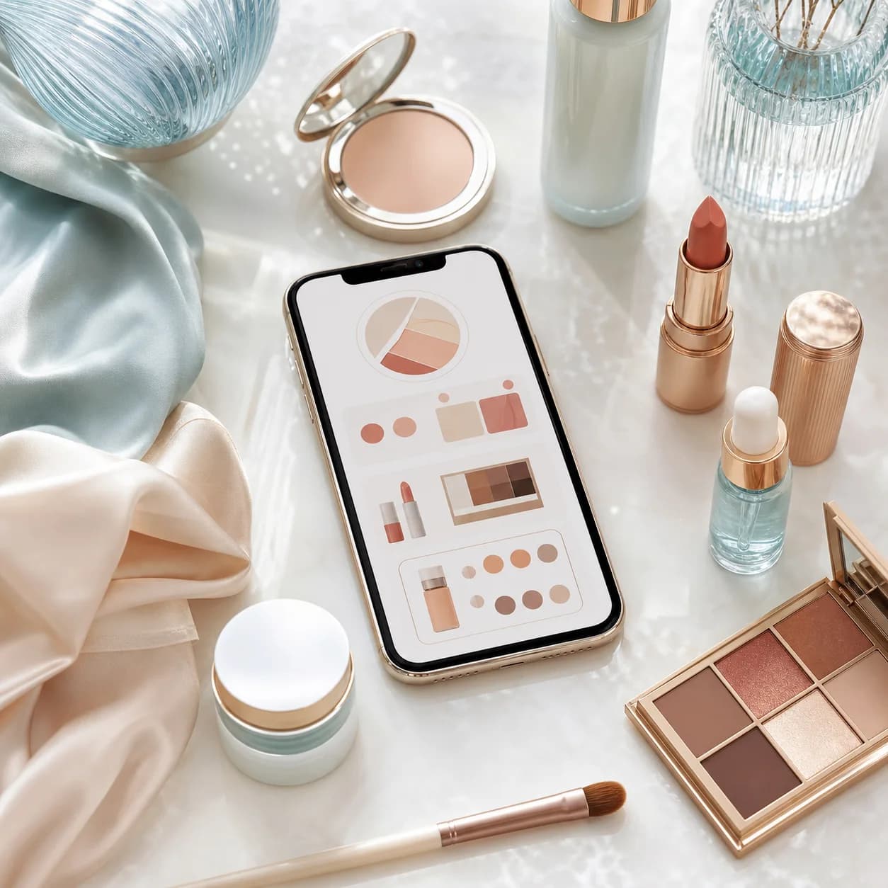 Exemple réaliste de recommandations beauté personnalisées sur smartphone avec produits de maquillage