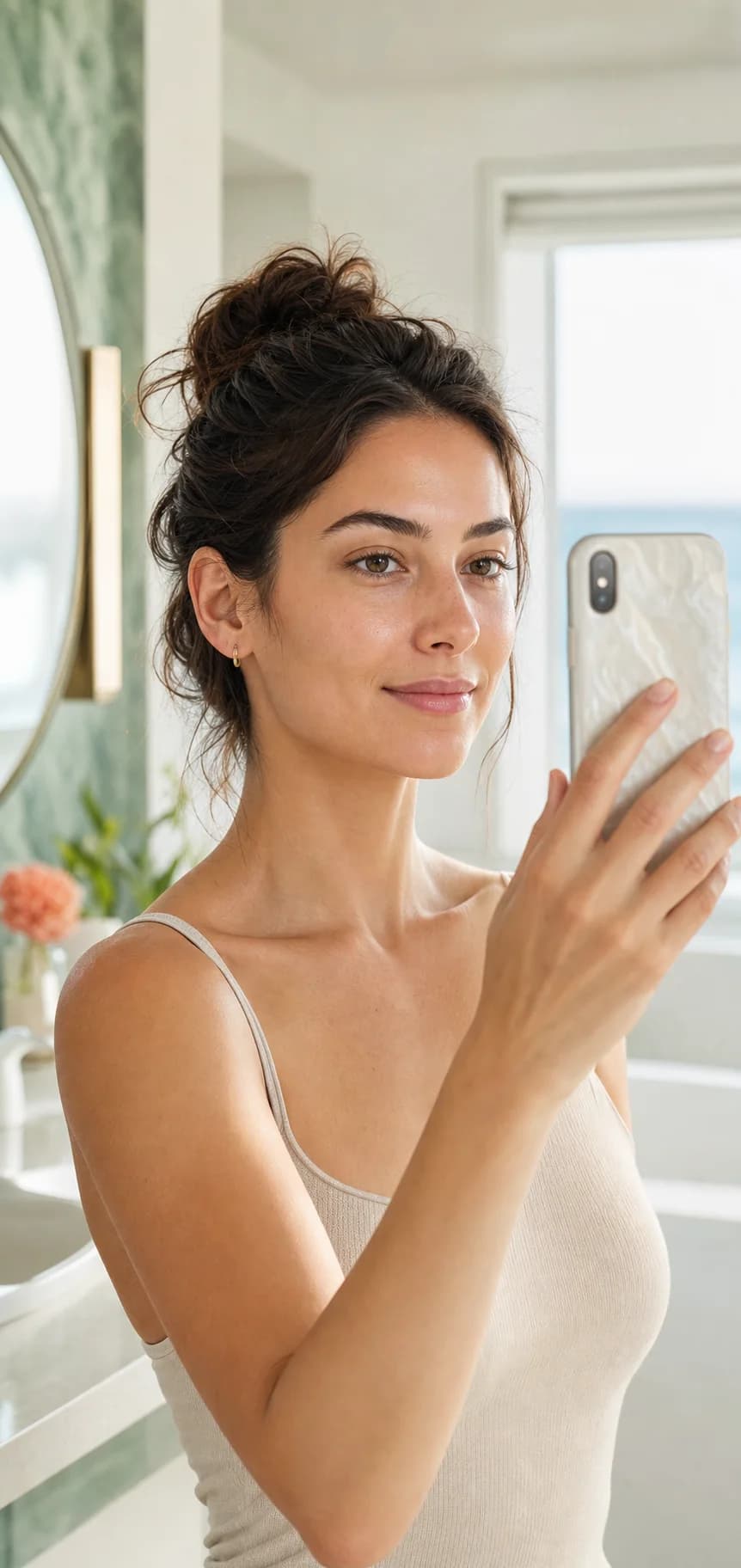 Portrait réaliste d'une femme prenant une photo de son visage pour son diagnostic beauté