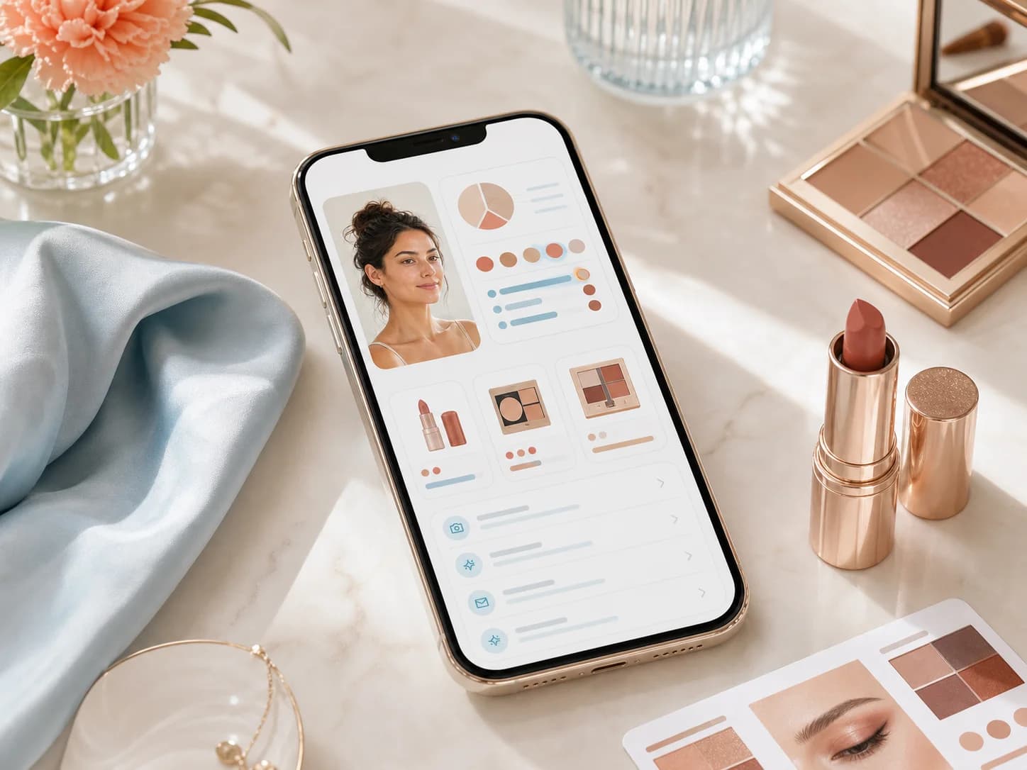 Smartphone affichant une infographie beauté personnalisée avec portrait, palettes et recommandations maquillage