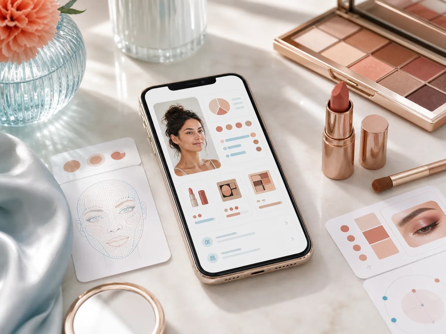 Smartphone affichant un diagnostic beauté personnalisé avec palettes, portrait et recommandations